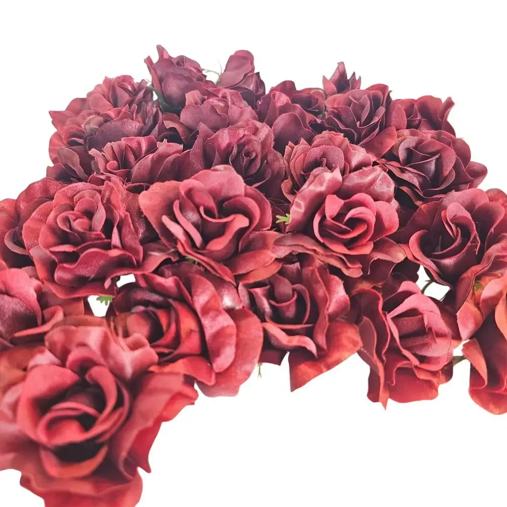 50 Burgundy Red Satin Rose Heads Stemless Wedding Floral Craft DIY 2.5in Flowers